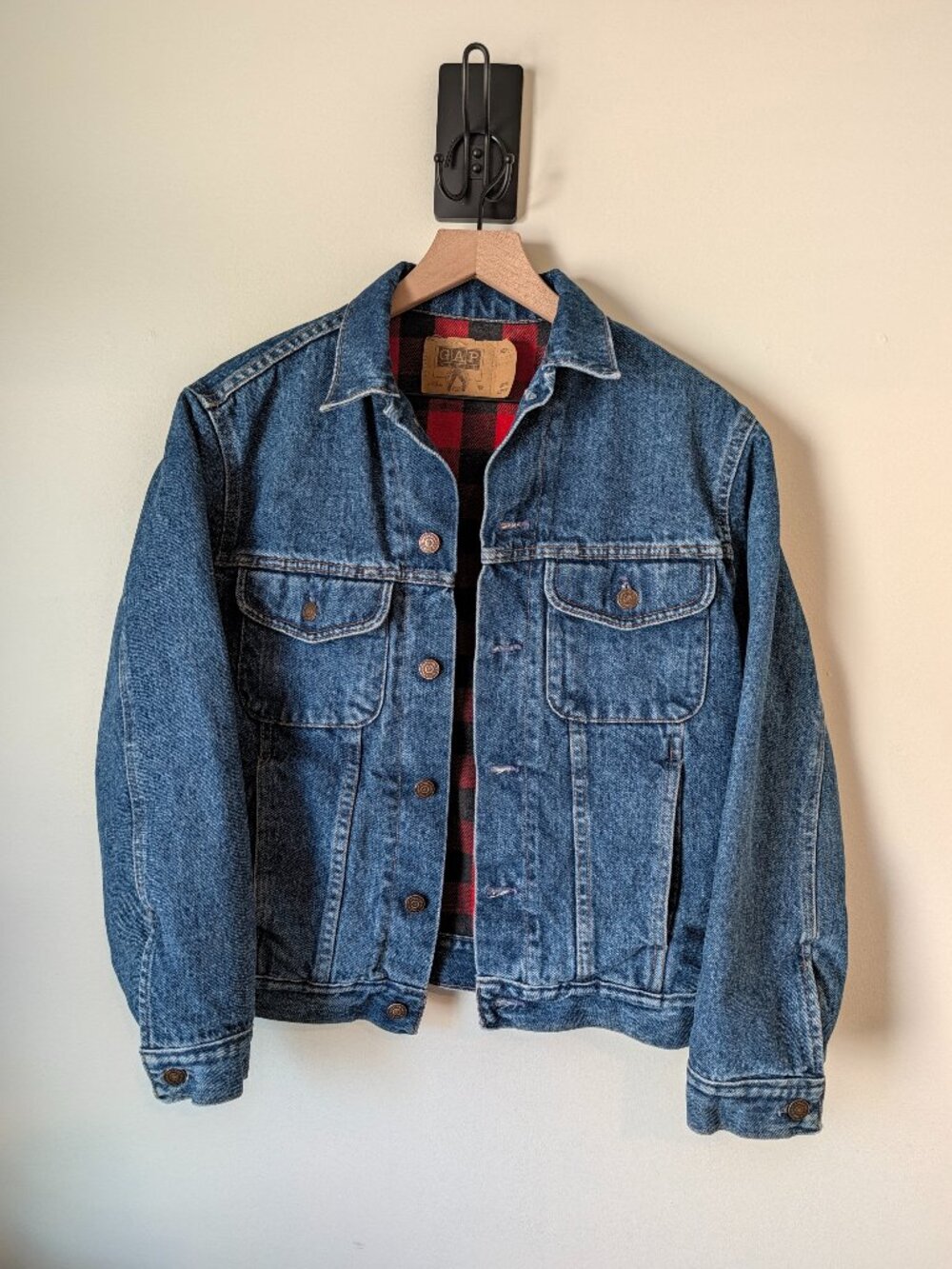 Vintage GAP Denim Jacket XS Flannel Lined Made USA Buffalo Plaid 100% Cotton